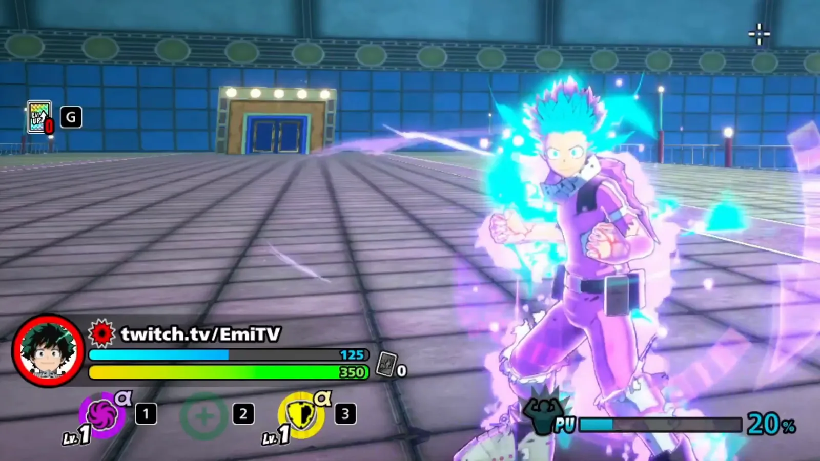 My Hero Ultra Rumble displays purple and yellow cards in the two ability slots while Deku is surrounded by a purple effect.