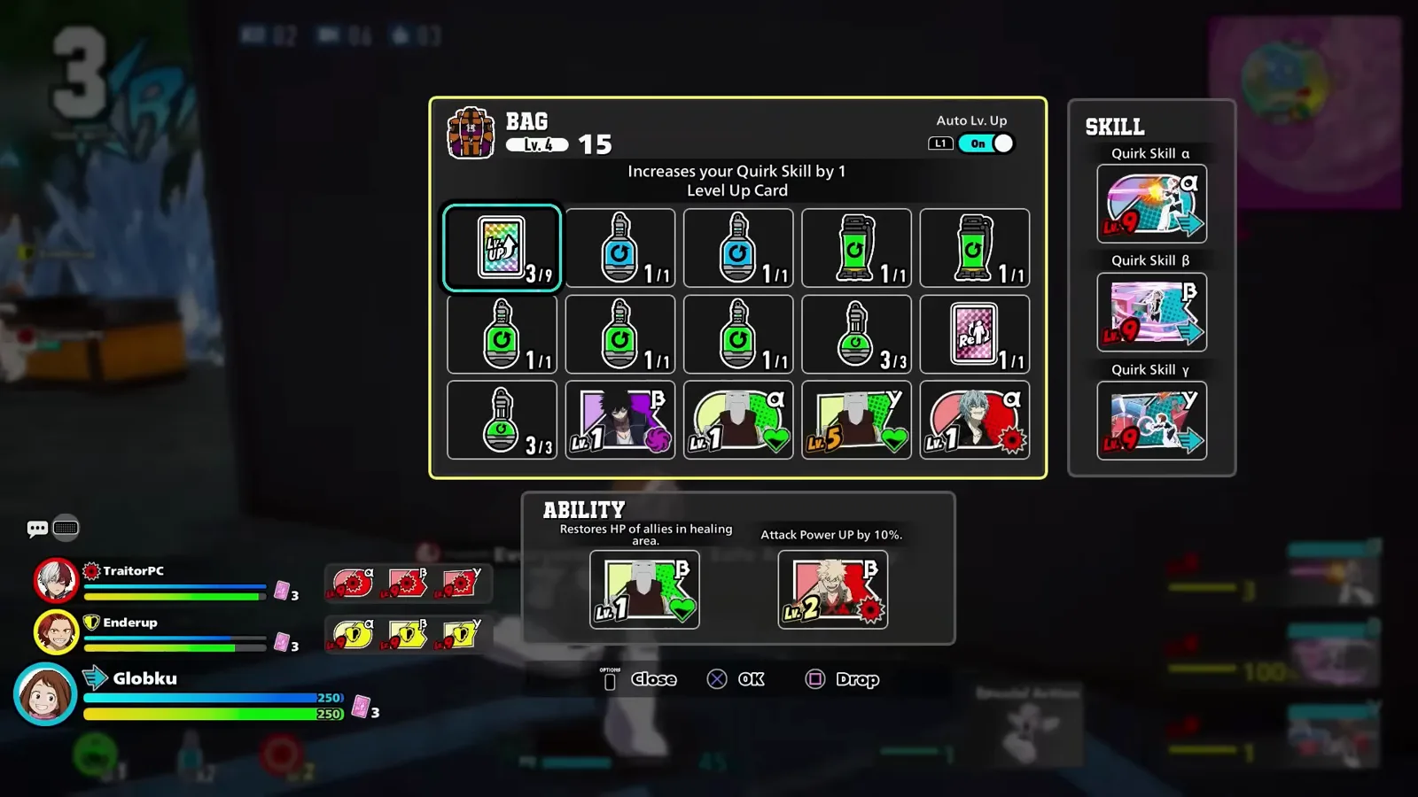 My Hero Ultra Rumble Item Bag highlights a rainbow Level Up Card beside the alpha, beta and gamma skill panels.