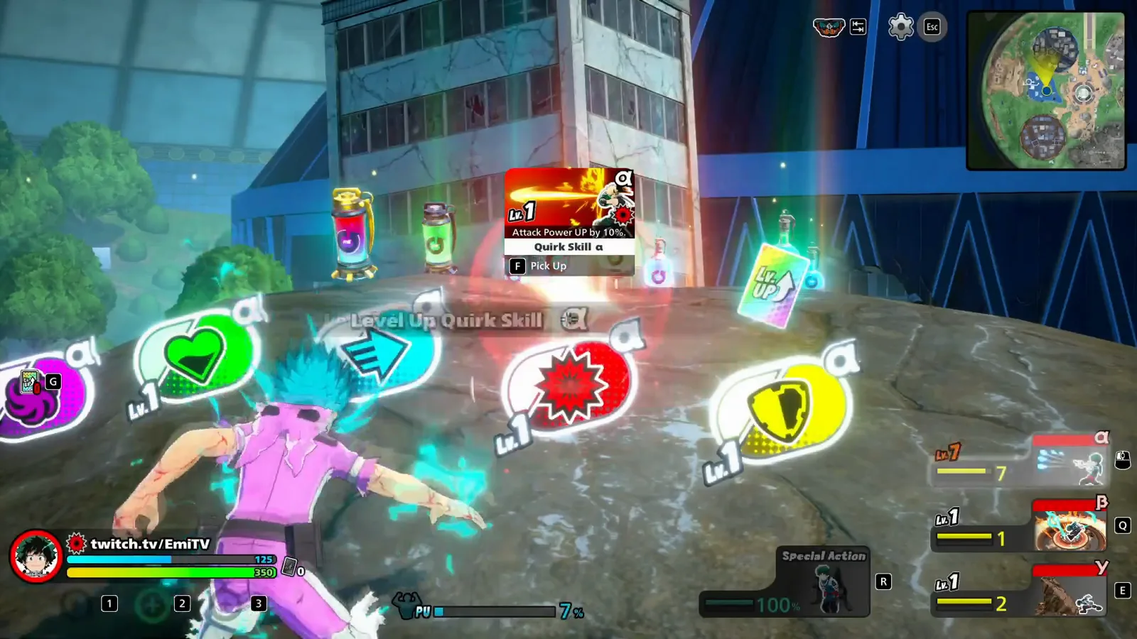 My Hero Ultra Rumble shows a red alpha card beside the alpha skill level-up notification for a Strike character.